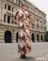 Printed Satin Pleated-Sleeve Dress 65481